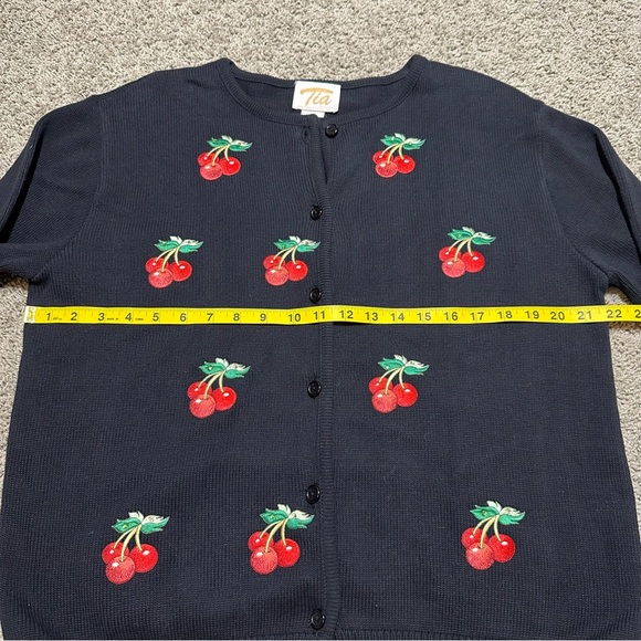 Vintage Tia Designs Black Cardigan Embroidered Cherry Patches, Large - Picture 3 of 7